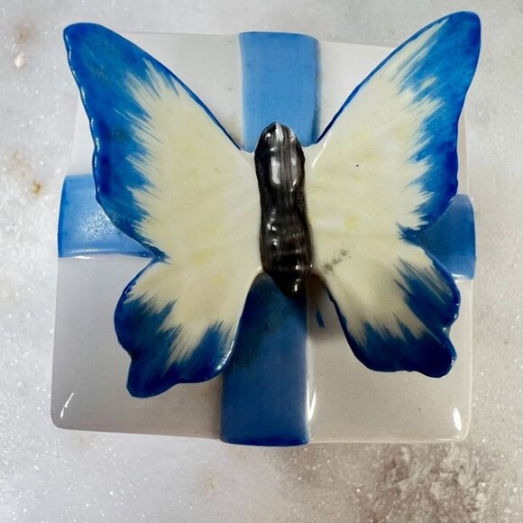 Vtg Butterfly Ceramic Trinket Ring Box Blue & White Gift Design Shafford Japan - Picture 1 of 8